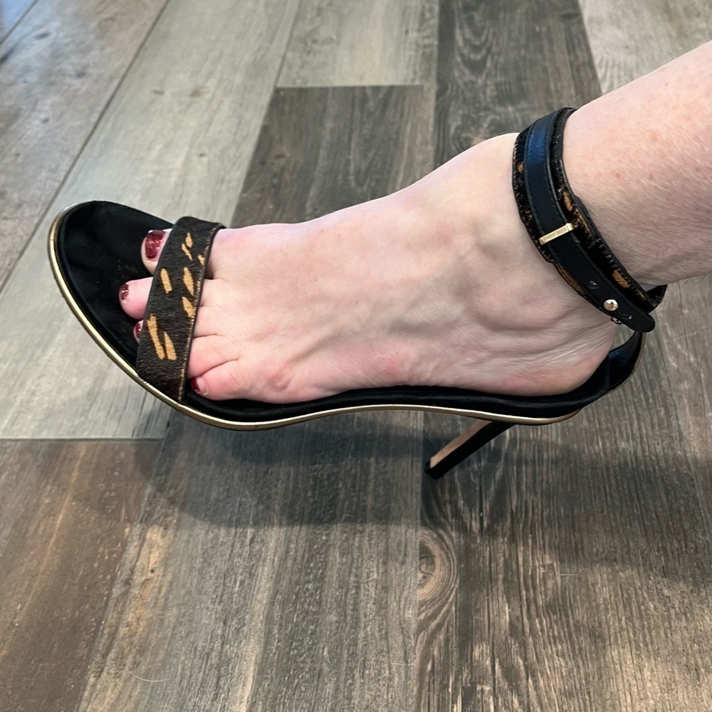 Cole Haan Animal Calf Hair Leather Heels Stiletto Wrap Ankle Black Gold Size 10